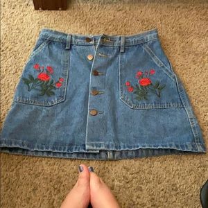 Button Front rose embroidered jean skirt